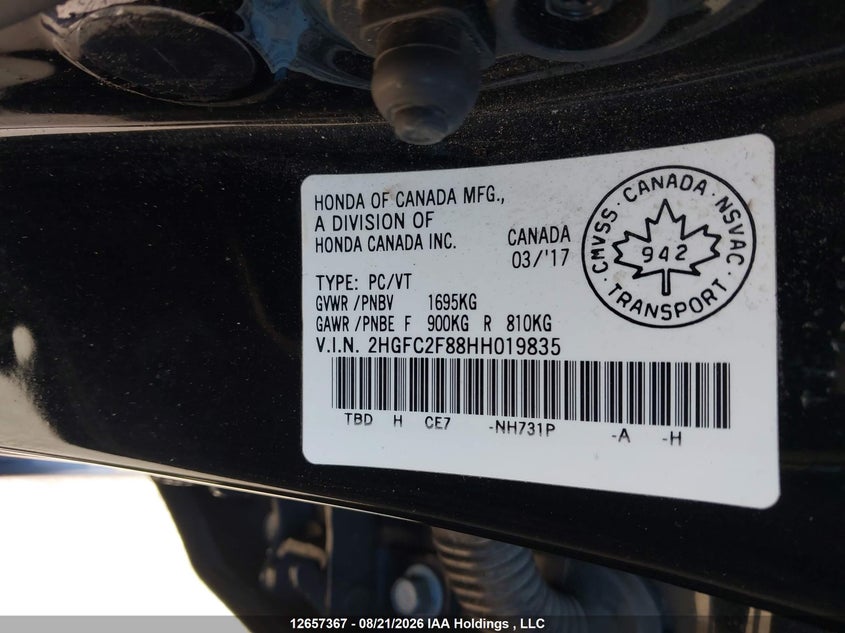 2017 HONDA CIVIC SEDAN 2.0L I-4 DOHC, VVT, 158HP