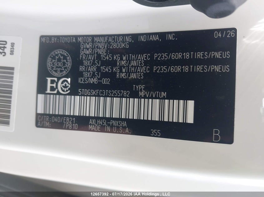 2026 Toyota Sienna Le/Xse/Limited/Platinum VIN: 5TDGSKFC3TS255782 Lot: 12657392