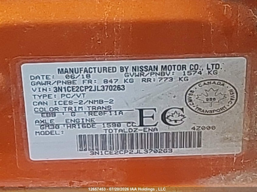 2018 NISSAN VERSA HATCHBACK 1.6L I-4 DOHC, VVT, 109HP