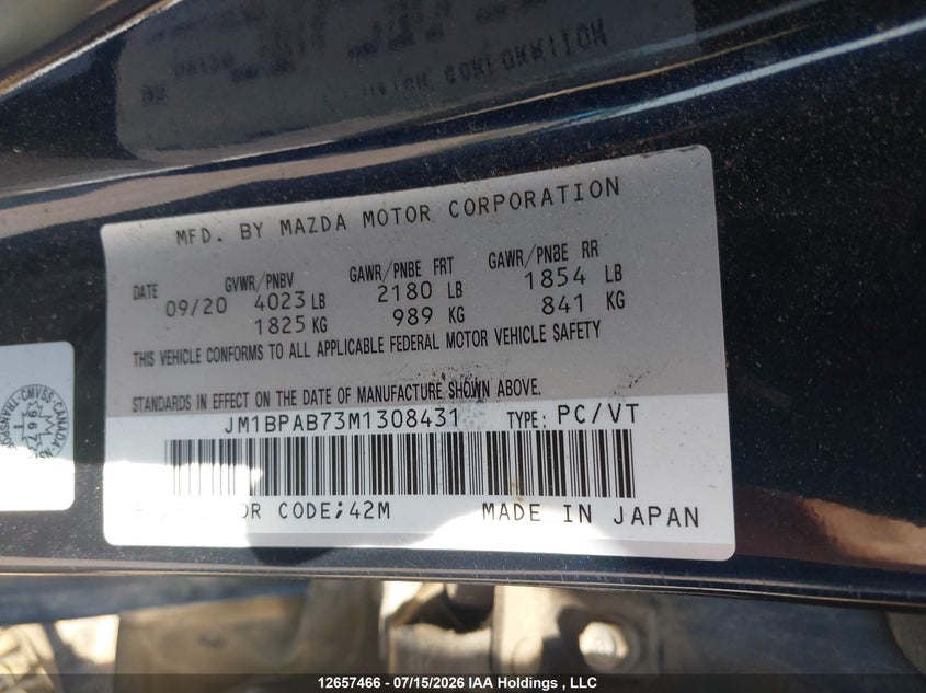 2021 Mazda Mazda3 Gx VIN: JM1BPAB73M1308431 Lot: 12657466