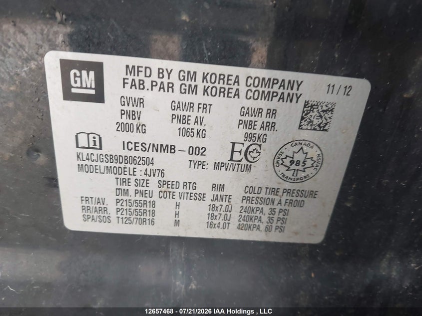 2013 Buick Encore VIN: KL4CJGSB9DB062504 Lot: 12657468