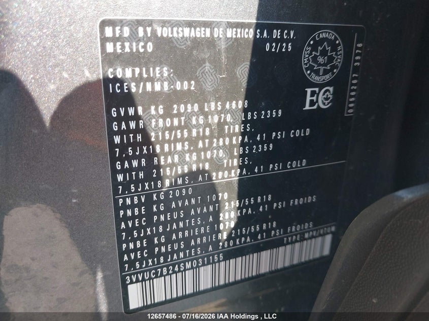 2025 Volkswagen Taos Se VIN: 3VVUC7B24SM031155 Lot: 12657486