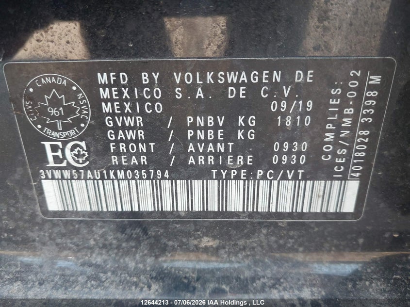 2019 Volkswagen Golf 1.4 Tsi Comfortline/1.4 Tsi Execline/1.4 Tsi Highline VIN: 3VWW57AU1KM035794 Lot: 12644213X
