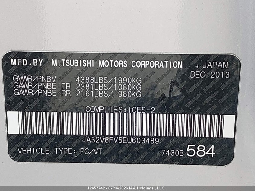 2014 MITSUBISHI LANCER SEDAN 2.0L I-4 DOHC, VVT, TURBO, 237HP