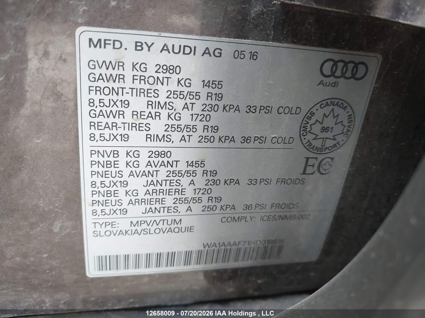 2017 Audi Q7 3.0T Komfort VIN: WA1AAAF71HD018615 Lot: 12658009