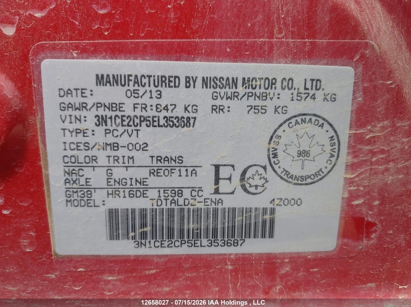 2014 Nissan Versa Note 1.6 S/1.6 Sl/1.6 Sv VIN: 3N1CE2CP5EL353687 Lot: 12658027