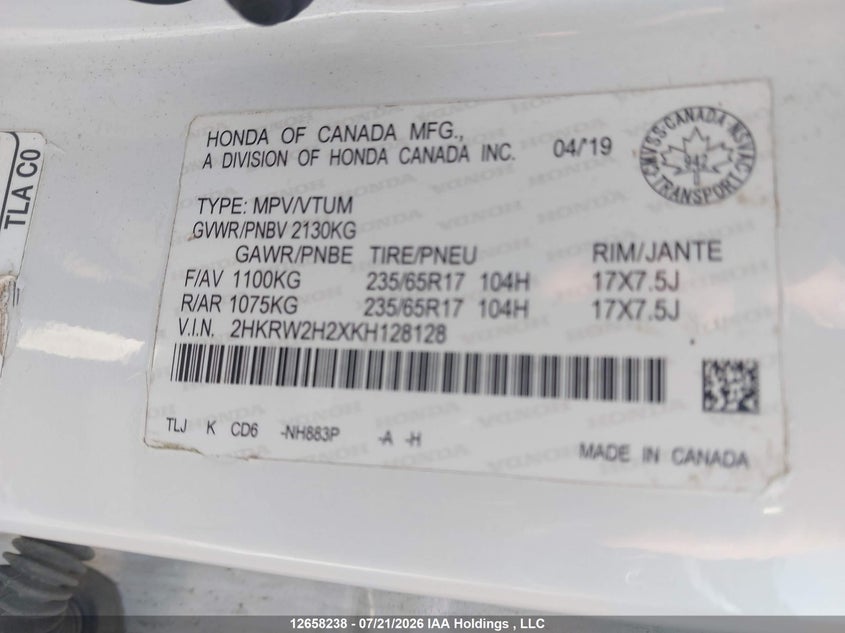 2019 Honda Cr-V Lx VIN: 2HKRW2H2XKH128128 Lot: 12658238