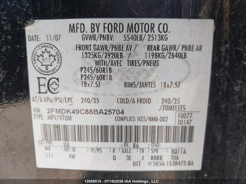 2008 Ford Edge Limited VIN: 2FMDK49C88BA25704 Lot: 12658515