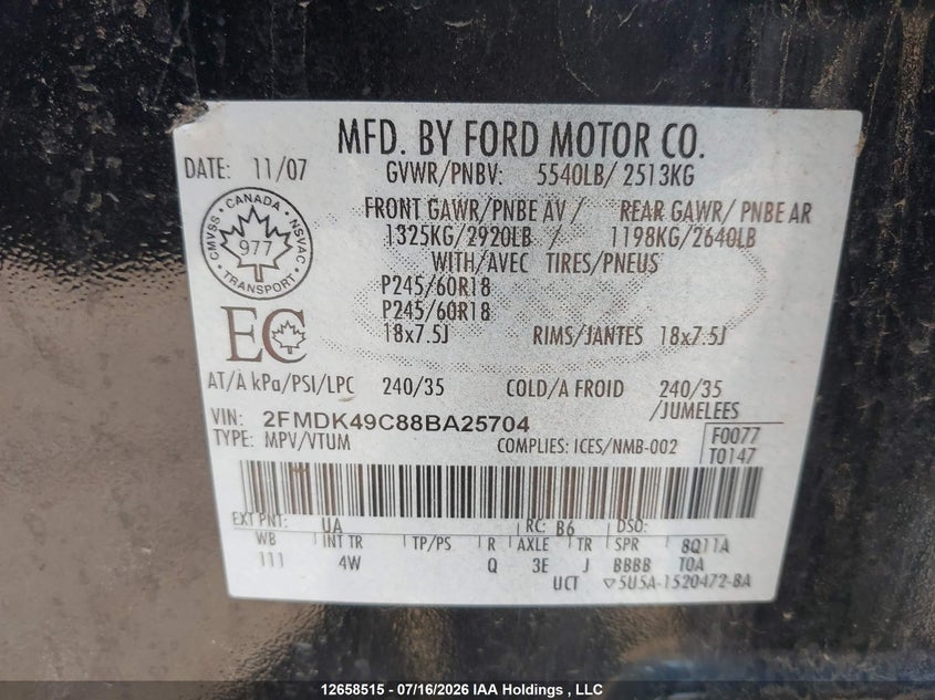 2008 Ford Edge Limited VIN: 2FMDK49C88BA25704 Lot: 12658515