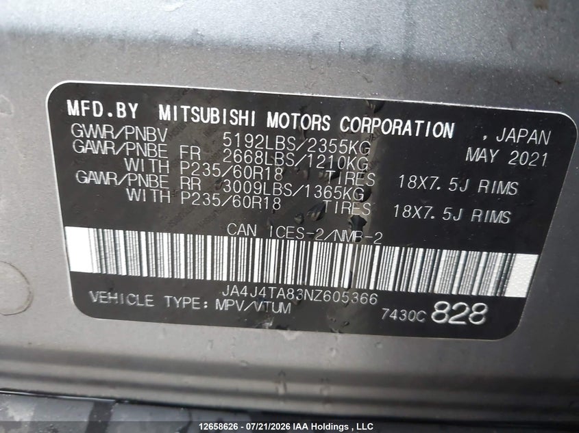 2022 Mitsubishi Outlander Es VIN: JA4J4TA83NZ605366 Lot: 12658626