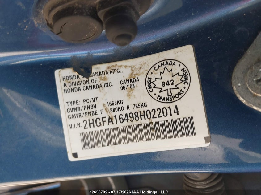 2008 HONDA CIVIC SEDAN 1.8L I-4 VVT, 140HP
