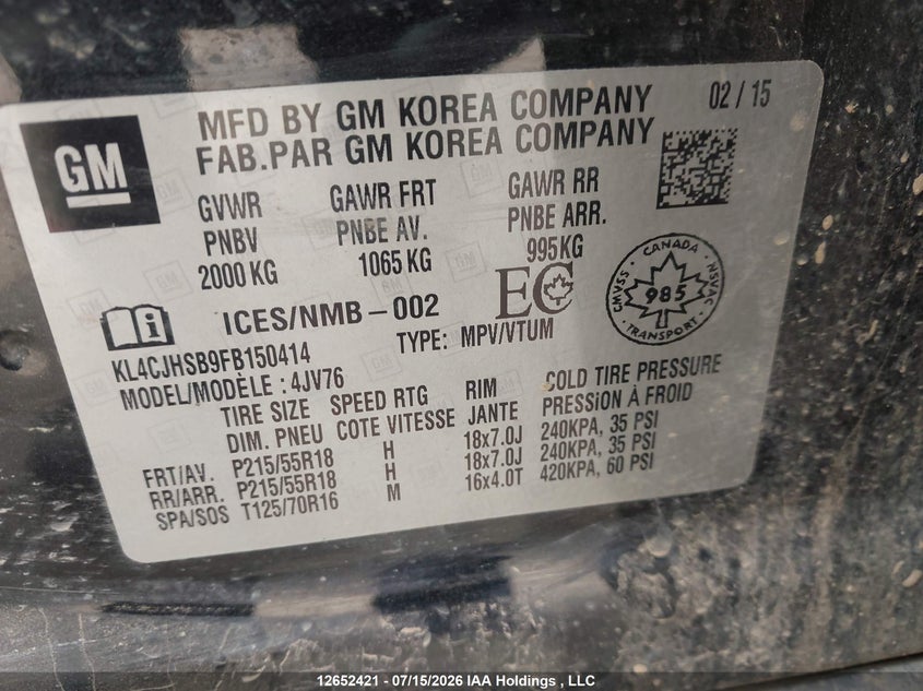 2015 Buick Encore Premium VIN: KL4CJHSB9FB150414 Lot: 12652421X