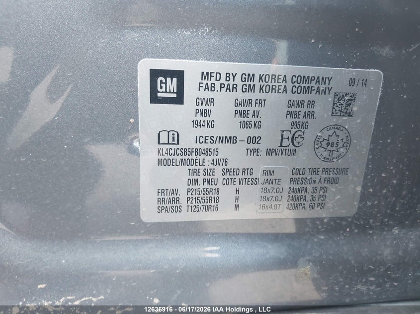2015 Buick Encore VIN: KL4CJCSB5FB048515 Lot: 12636916X