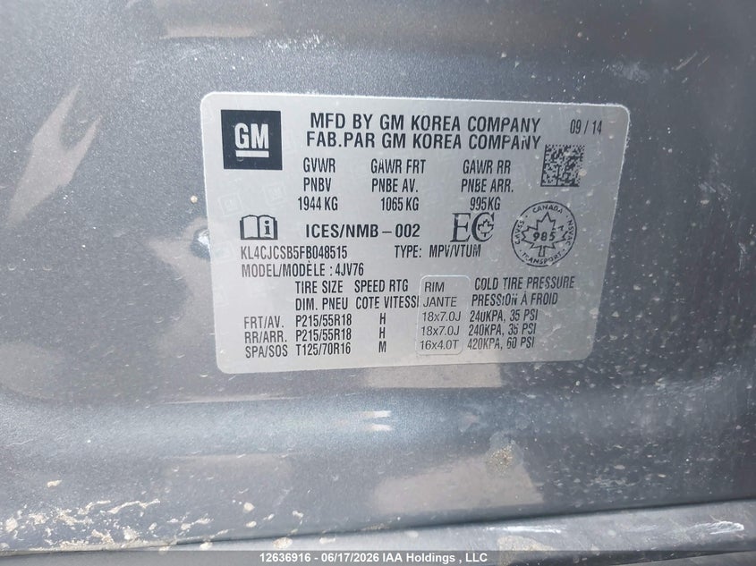 2015 Buick Encore VIN: KL4CJCSB5FB048515 Lot: 12636916X