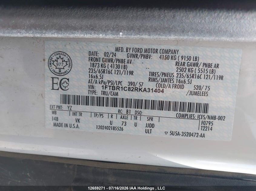 2024 FORD TRANSIT VAN 3.5L V-6 DI, DOHC, VVT, 275HP