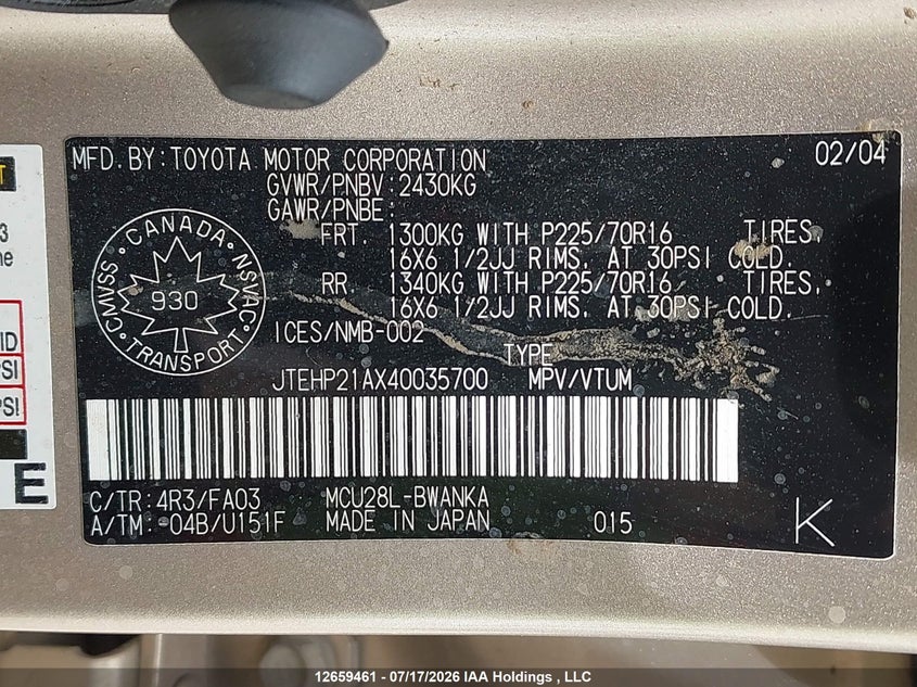 2004 TOYOTA HIGHLANDER SPORT UTILITY VEHICLE 3.3L V-6 DOHC, VVT, 230HP