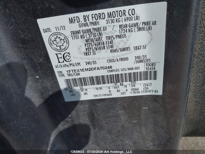 2013 Ford F-150 Xlt VIN: 1FTEX1EM2DFA70248 Lot: 12659533