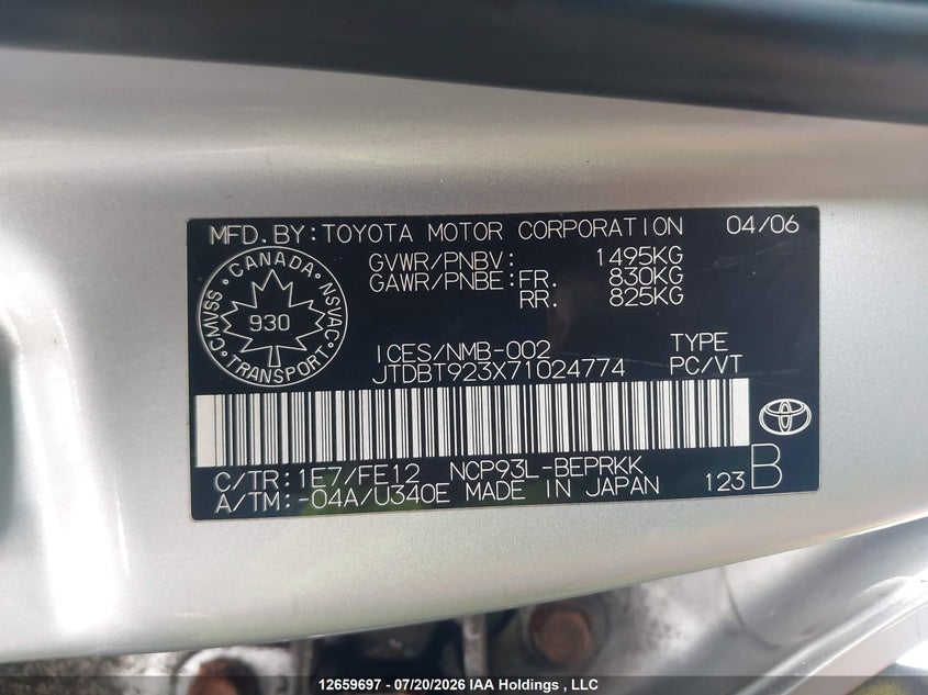 2007 Toyota Yaris VIN: JTDBT923X71024774 Lot: 12659697