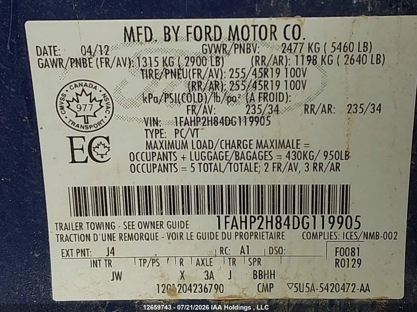 2013 Ford Taurus Sel VIN: 1FAHP2H84DG119905 Lot: 12659743