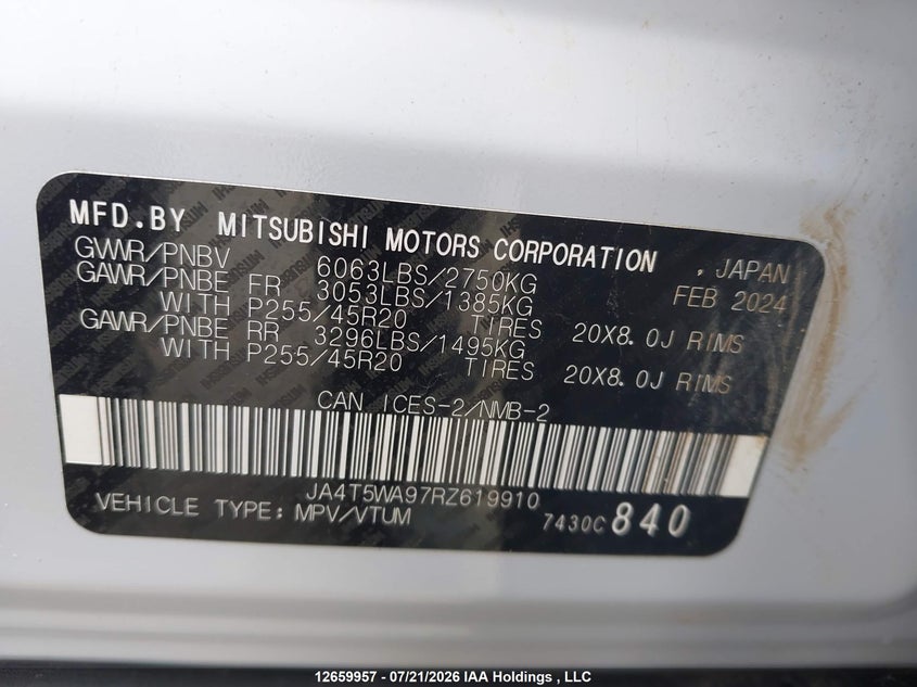2024 Mitsubishi Outlander Sel VIN: JA4T5WA97RZ619910 Lot: 12659957