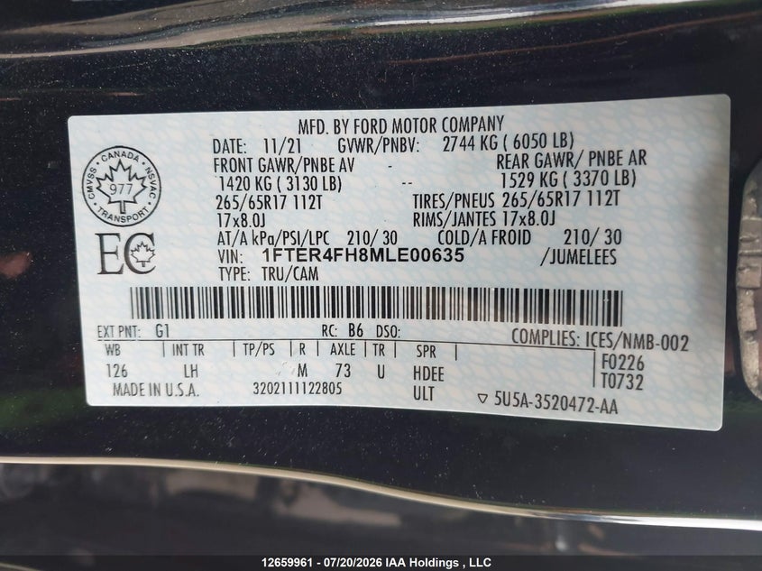 2021 Ford Ranger Xl/Xlt/Lariat VIN: 1FTER4FH8MLE00635 Lot: 12659961
