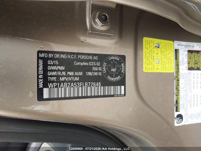 2015 Porsche Macan S VIN: WP1AB2A53FLB72646 Lot: 12659969
