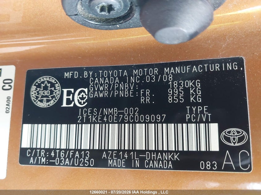 2009 Toyota Matrix Xr VIN: 2T1KE40E79C009097 Lot: 12660021