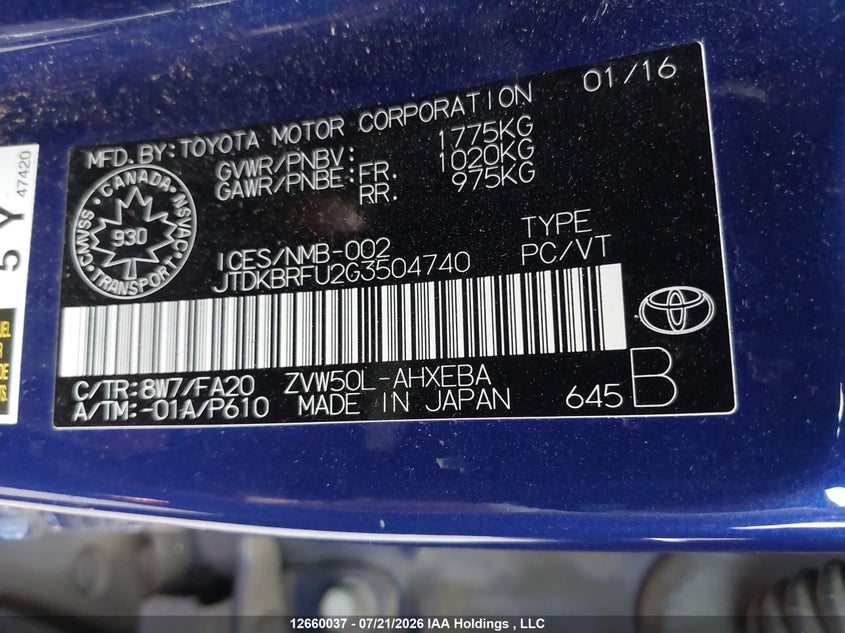 2016 Toyota Prius Technology/Touring VIN: JTDKBRFU2G3504740 Lot: 12660037