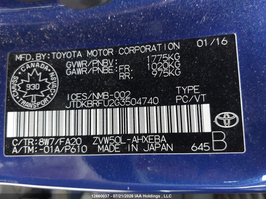2016 Toyota Prius Technology/Touring VIN: JTDKBRFU2G3504740 Lot: 12660037