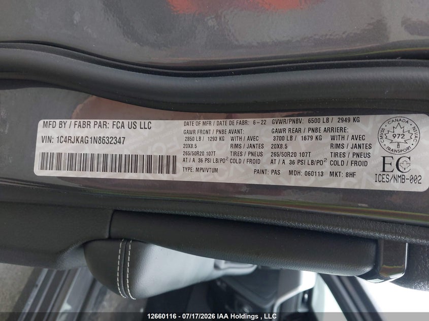 2022 Jeep Grand Cherokee L Laredo VIN: 1C4RJKAG1N8632347 Lot: 12660116