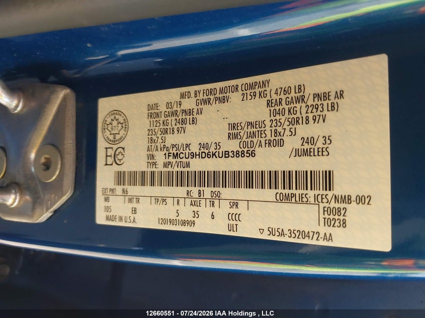 2019 FORD ESCAPE SPORT UTILITY VEHICLE 1.5L I4 FI DOHC 16V NF4