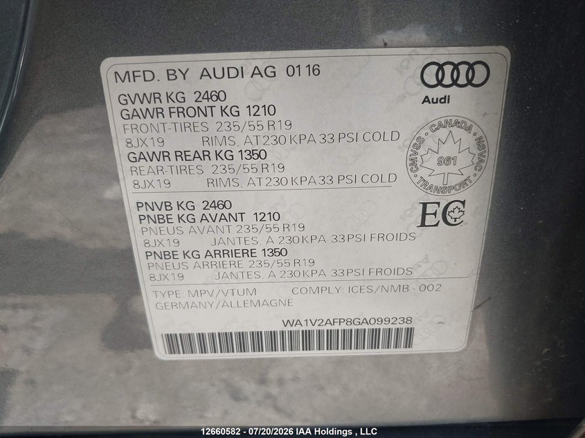 2016 AUDI Q5 SPORT UTILITY VEHICLE 2.0L I-4 DI, DOHC, VVT, TURBO, 220HP