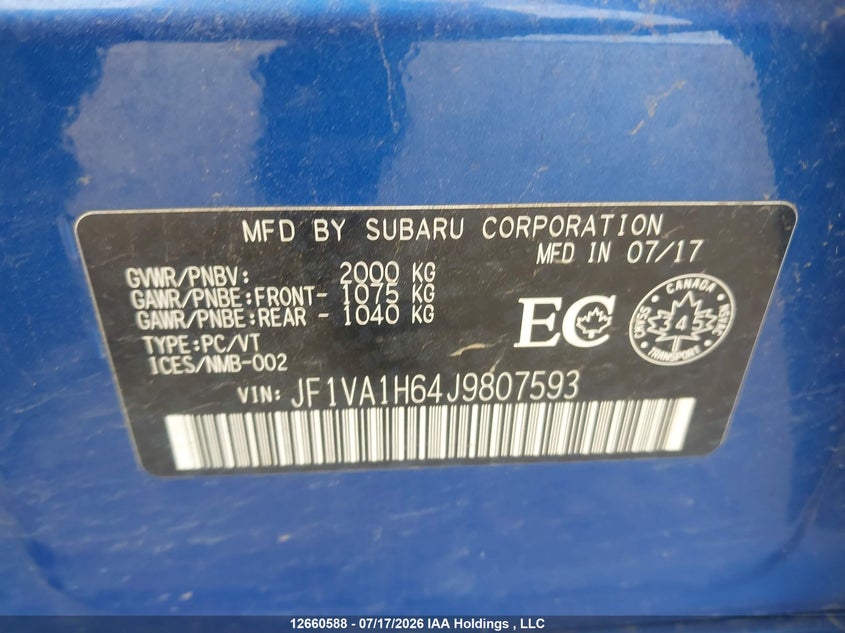 2018 Subaru Wrx Sport-Tech VIN: JF1VA1H64J9807593 Lot: 12660588