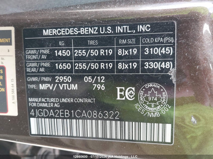 2012 Mercedes-Benz Ml 350 Bluetec 4Matic VIN: 4JGDA2EB1CA086322 Lot: 12660600