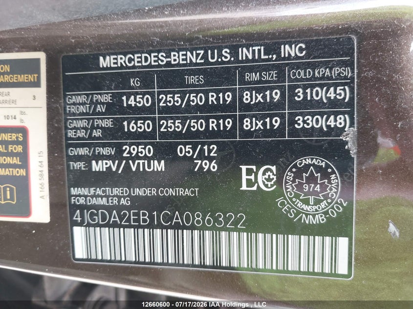 2012 Mercedes-Benz Ml 350 Bluetec 4Matic VIN: 4JGDA2EB1CA086322 Lot: 12660600