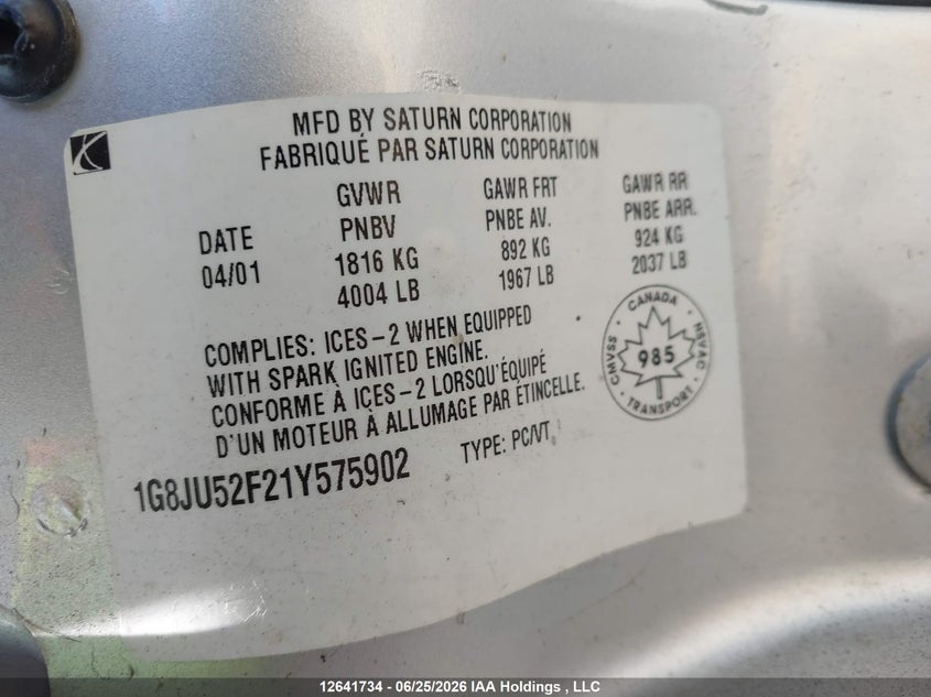 2001 Saturn L200 Sport VIN: 1G8JU52F21Y575902 Lot: 12641734X