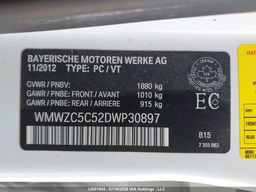 2013 Mini Countryman Cooper S VIN: WMWZC5C52DWP30897 Lot: 12657654X