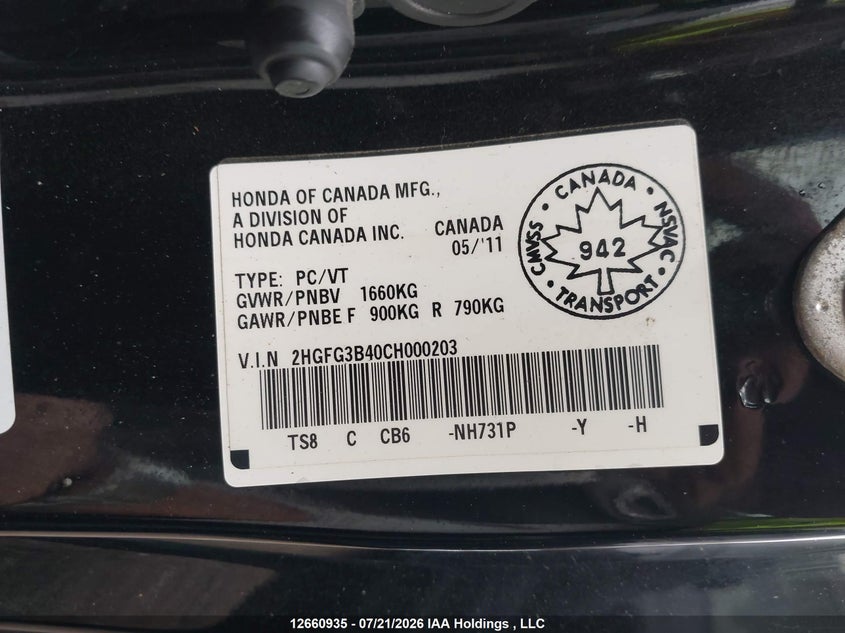 2012 HONDA CIVIC SEDAN 1.8L I-4 VVT, 140HP