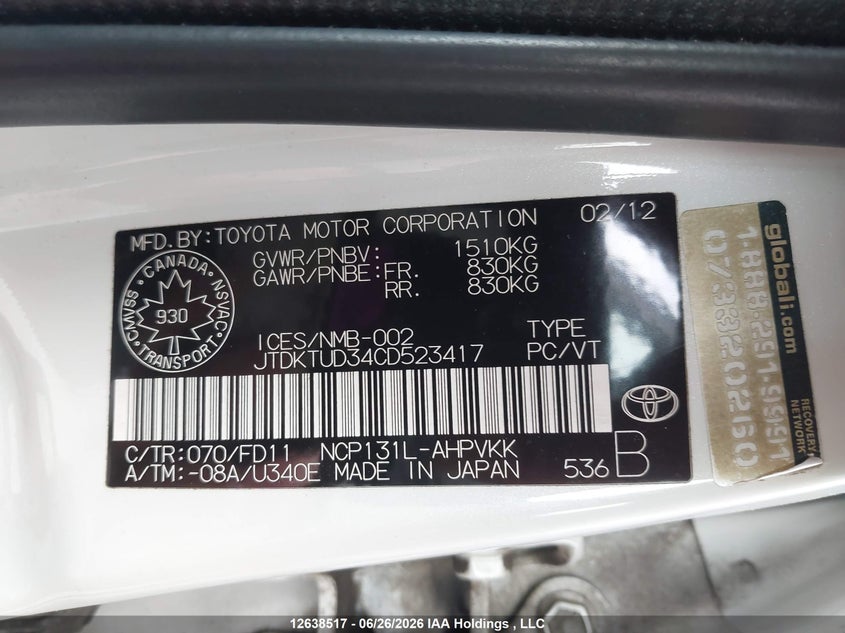 2012 Toyota Yaris VIN: JTDKTUD34CD523417 Lot: 12638517X