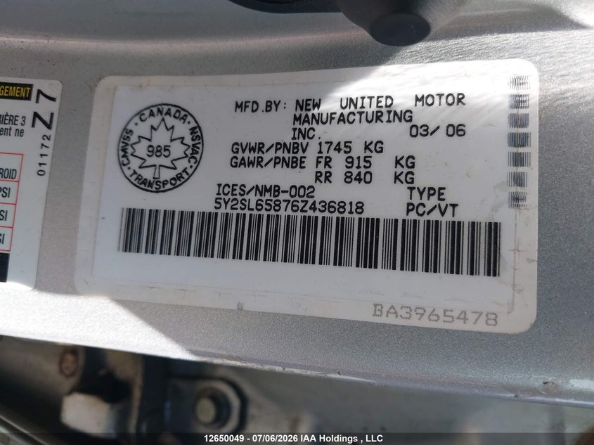 2006 Pontiac Vibe VIN: 5Y2SL65876Z436818 Lot: 12650049X