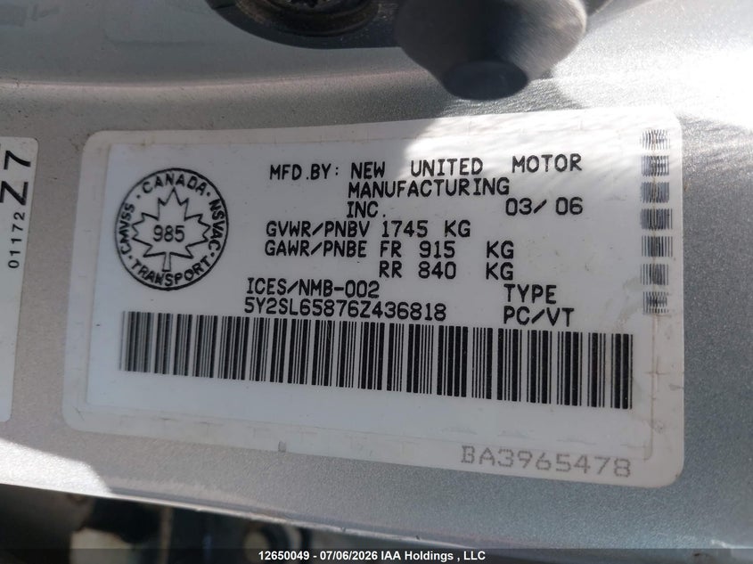 2006 Pontiac Vibe VIN: 5Y2SL65876Z436818 Lot: 12650049X