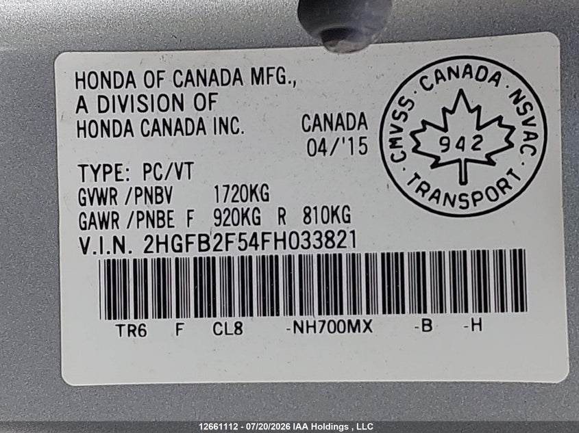 2015 Honda Civic Lx VIN: 2HGFB2F54FH033821 Lot: 12661112