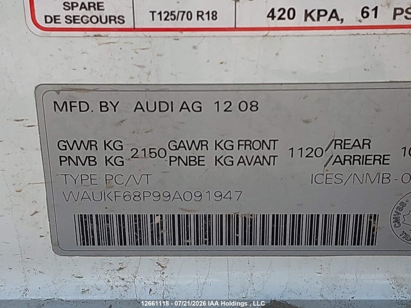 2009 AUDI A3 WAGON 2.0L I-4 DI, DOHC, VVT, TURBO, 200HP