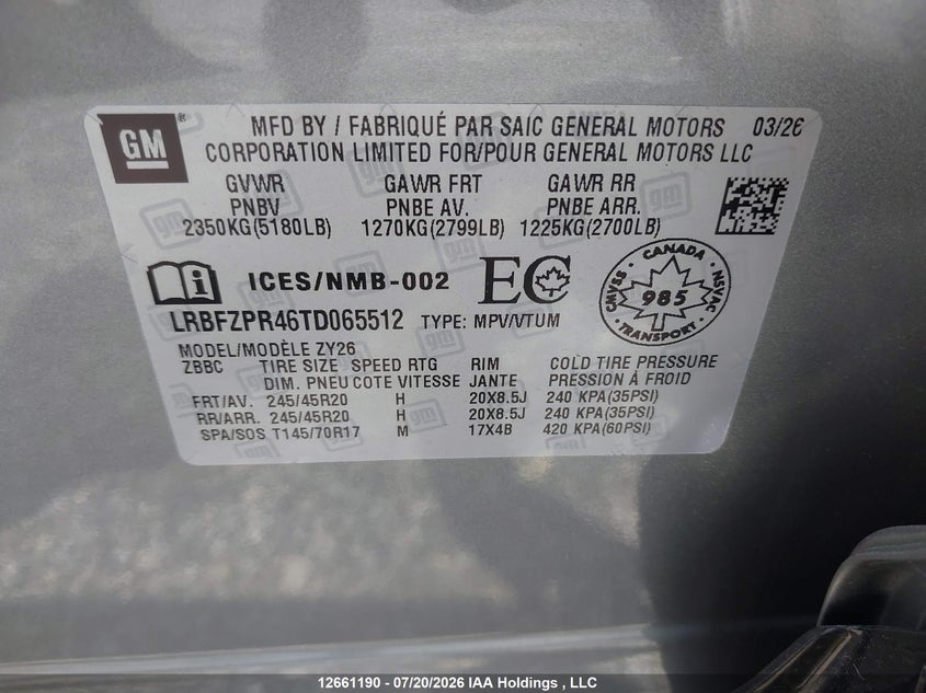 2026 Buick Envision Sport Touring Awd VIN: LRBFZPR46TD065512 Lot: 12661190