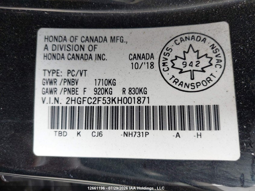 2019 HONDA CIVIC SEDAN 2.0L I-4 DOHC, VVT, 158HP