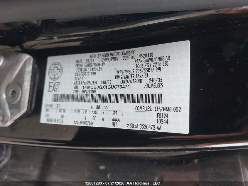 2016 FORD ESCAPE SPORT UTILITY VEHICLE 1.6L I-4 DI, DOHC, VVT, TURBO, 173HP