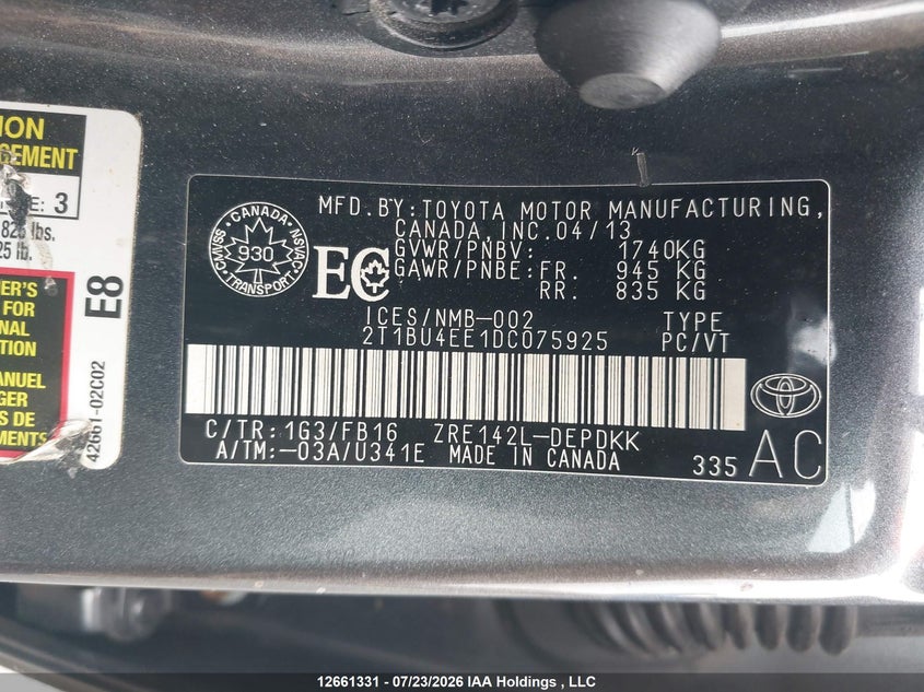2013 TOYOTA COROLLA SEDAN 1.8L I-4 DOHC, VVT, 132HP
