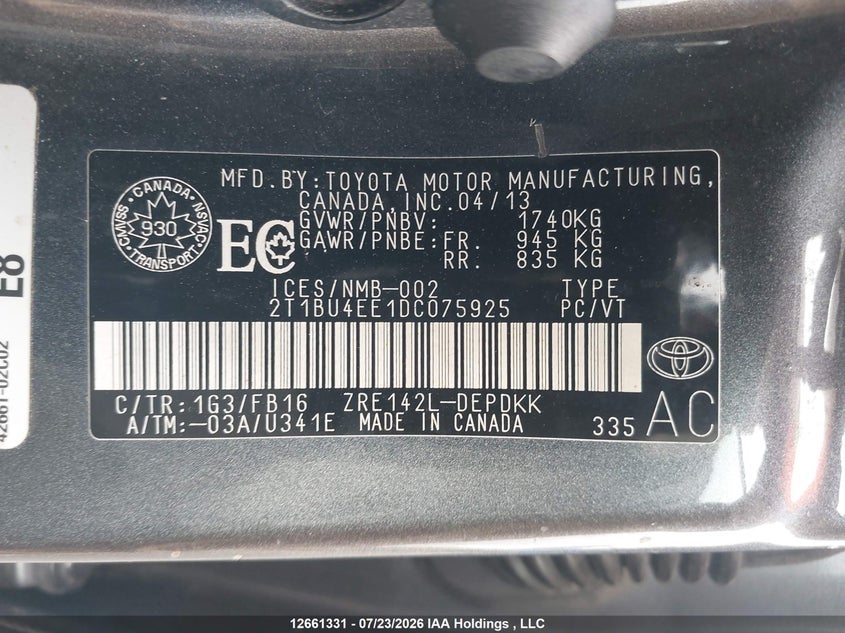 2013 TOYOTA COROLLA SEDAN 1.8L I-4 DOHC, VVT, 132HP