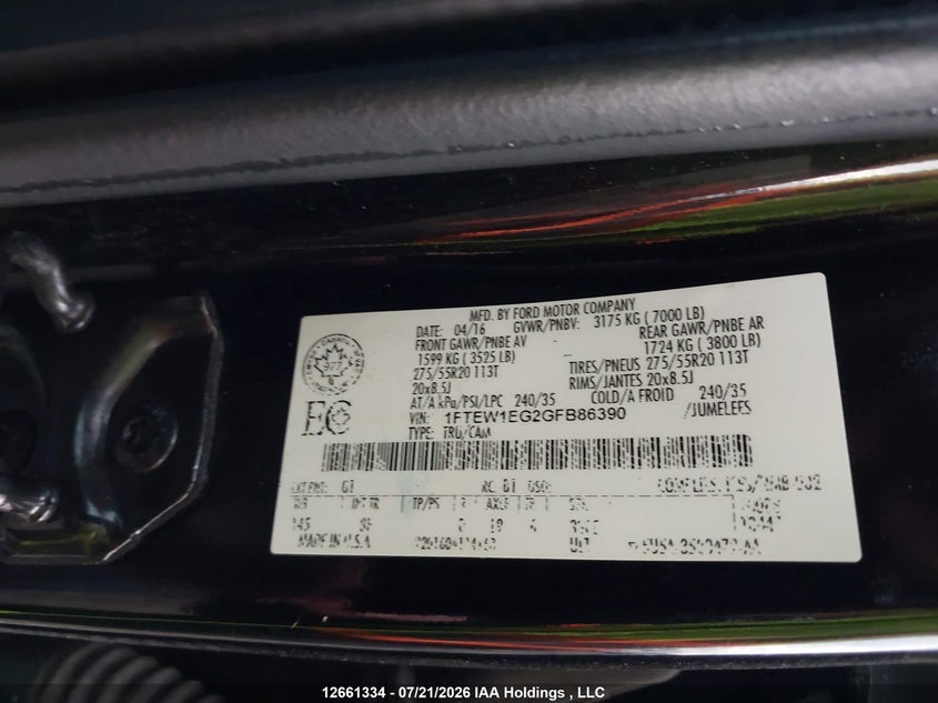 2016 FORD F-150 PICKUP 3.5L V6 FI DOHC 24V NF4