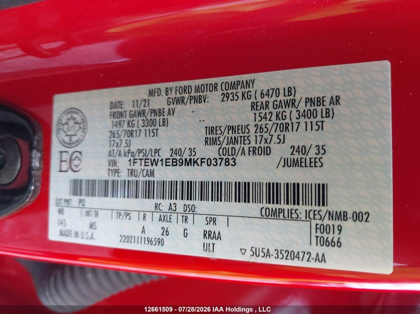 2021 FORD F-150 PICKUP 3.3L V-6 DI, DOHC, VVT, 290HP